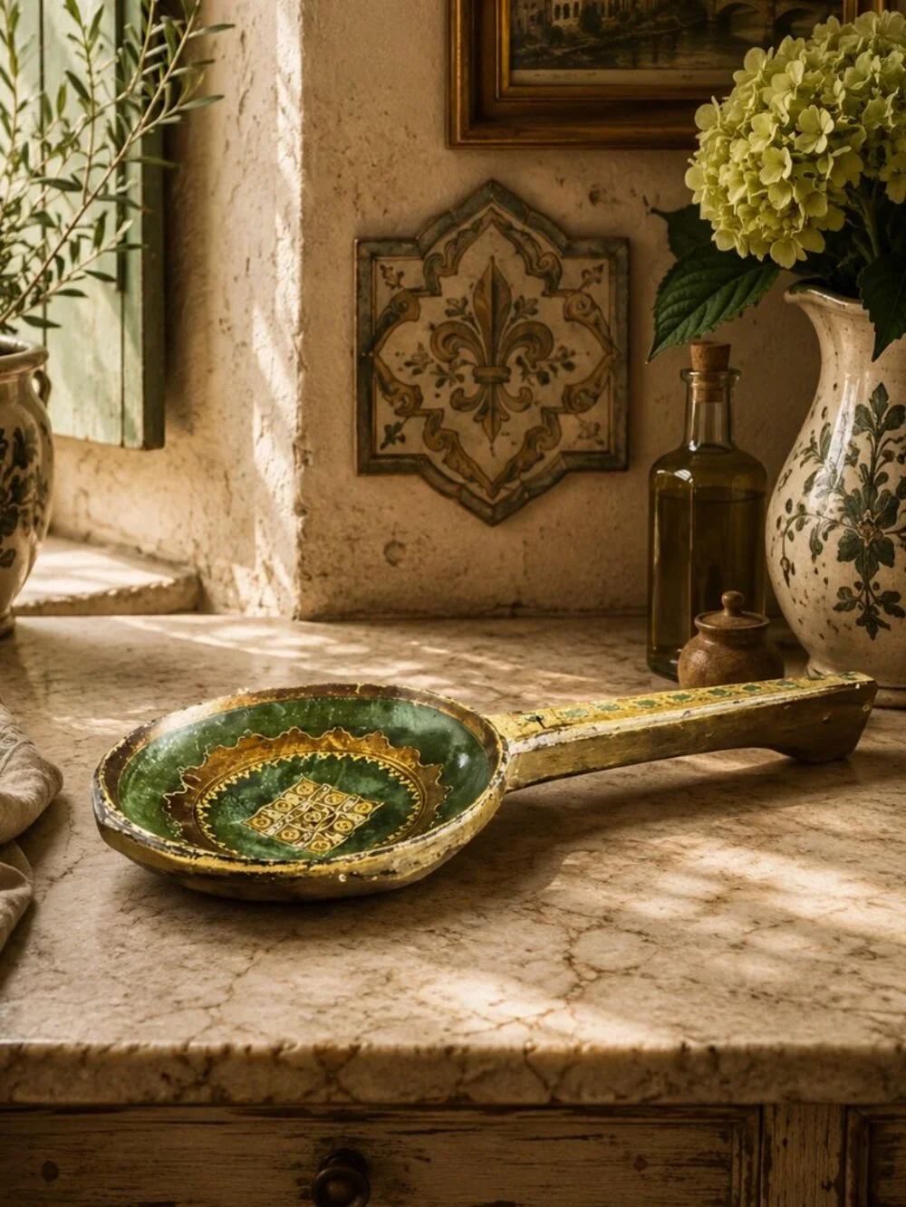 Vintage Italian Florentine Ornate Hand-Painted Wooden Carved Decorative Ladle